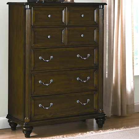 Five Drawer Chest with Turned Feet and Reeded Pilasters